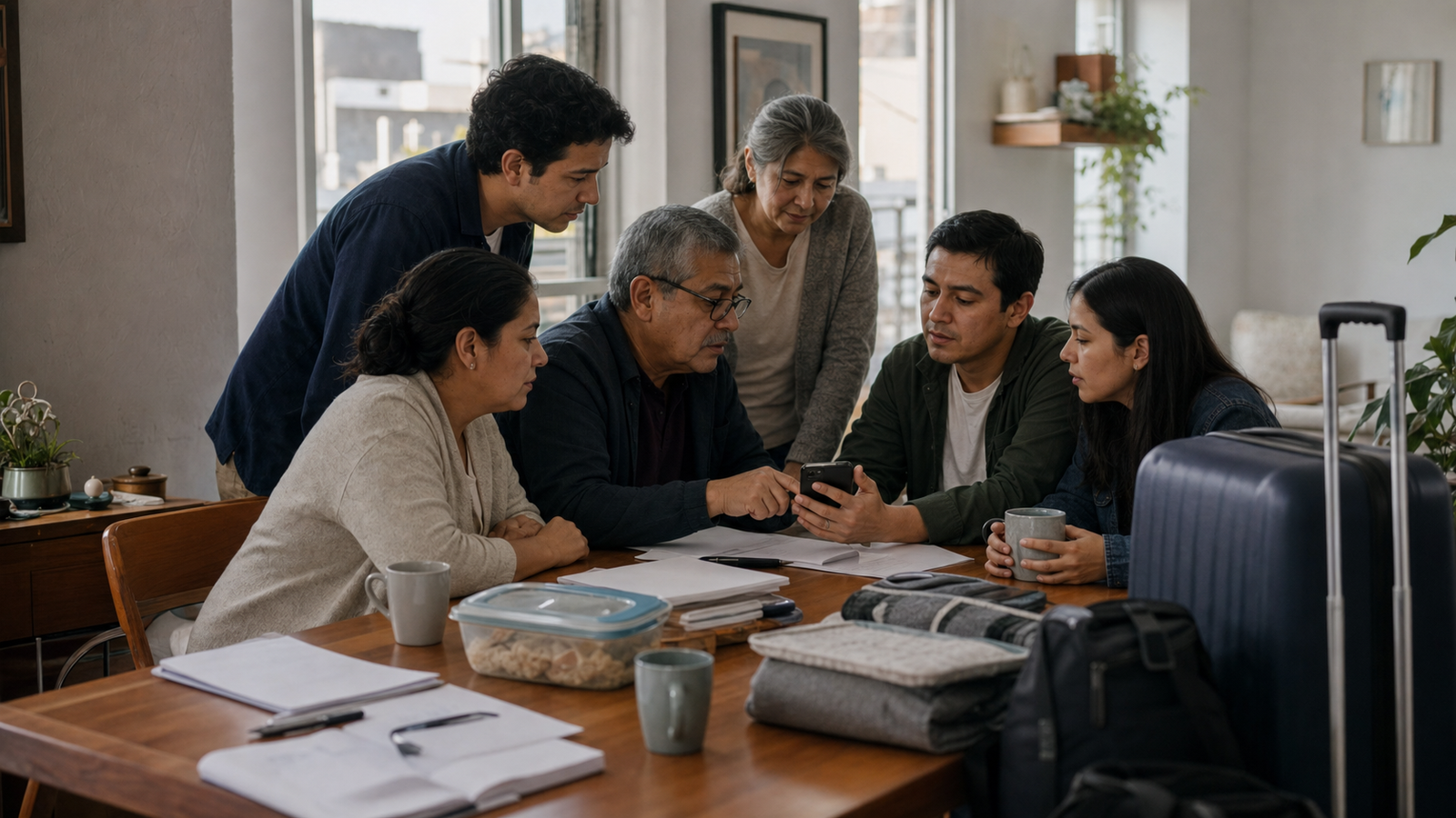 Familia organizando hospedaje, traslados y apoyo diario en un departamento de Ciudad de México mientras acompaña a un paciente cerca del hospital.