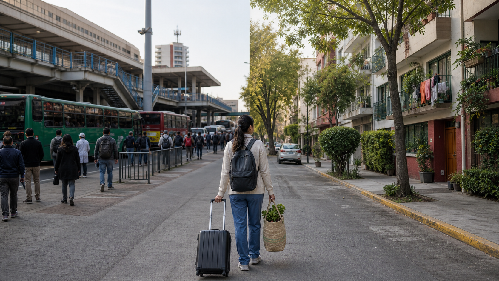 Split-view comparison of a busy La Raza transit area and a calmer residential street for choosing a monthly hospital stay base in CDMX.