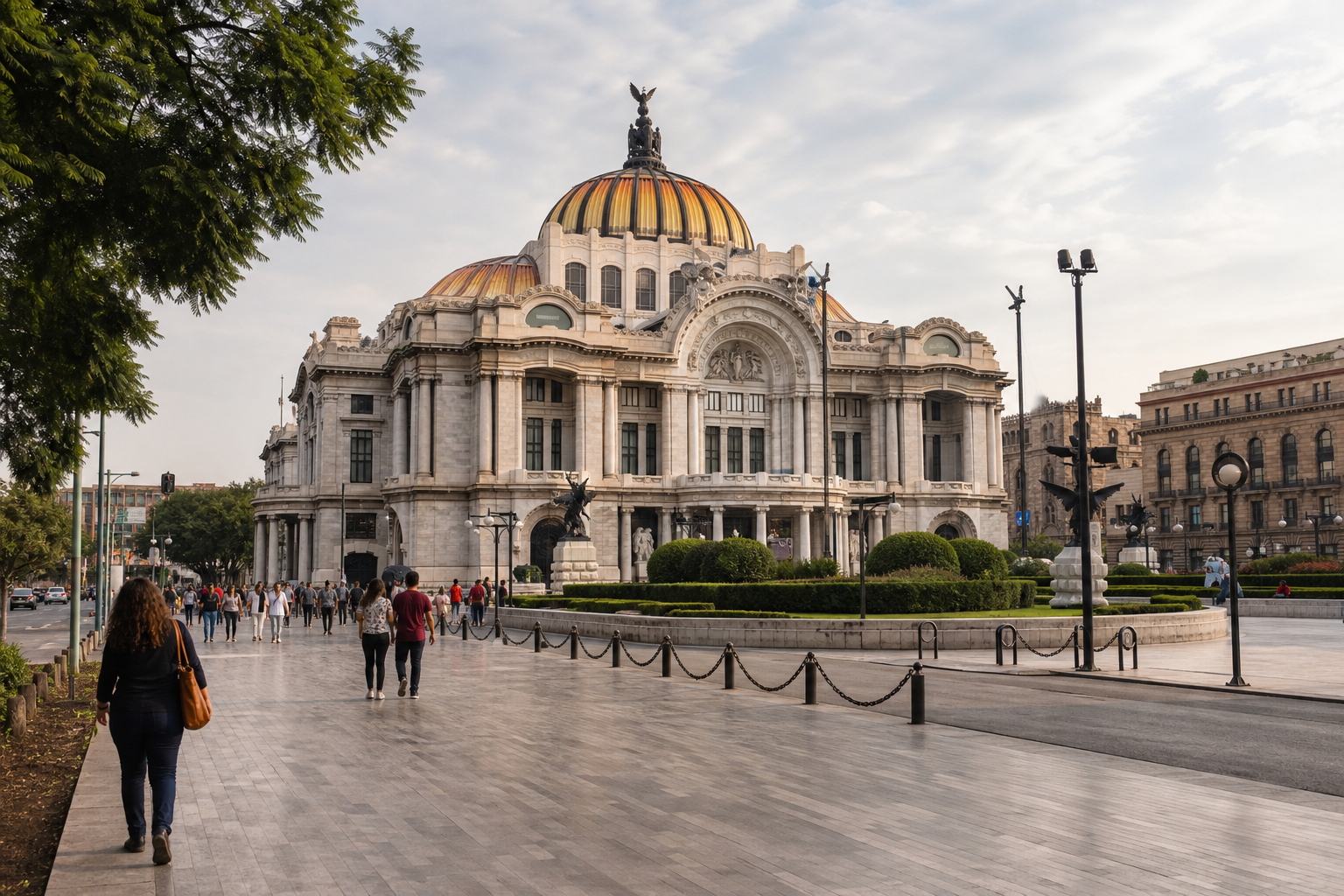 Corredor Centro Histórico hacia Bellas Artes — mejor luz suave temprano que cantera al sol fuerte del mediodía.
