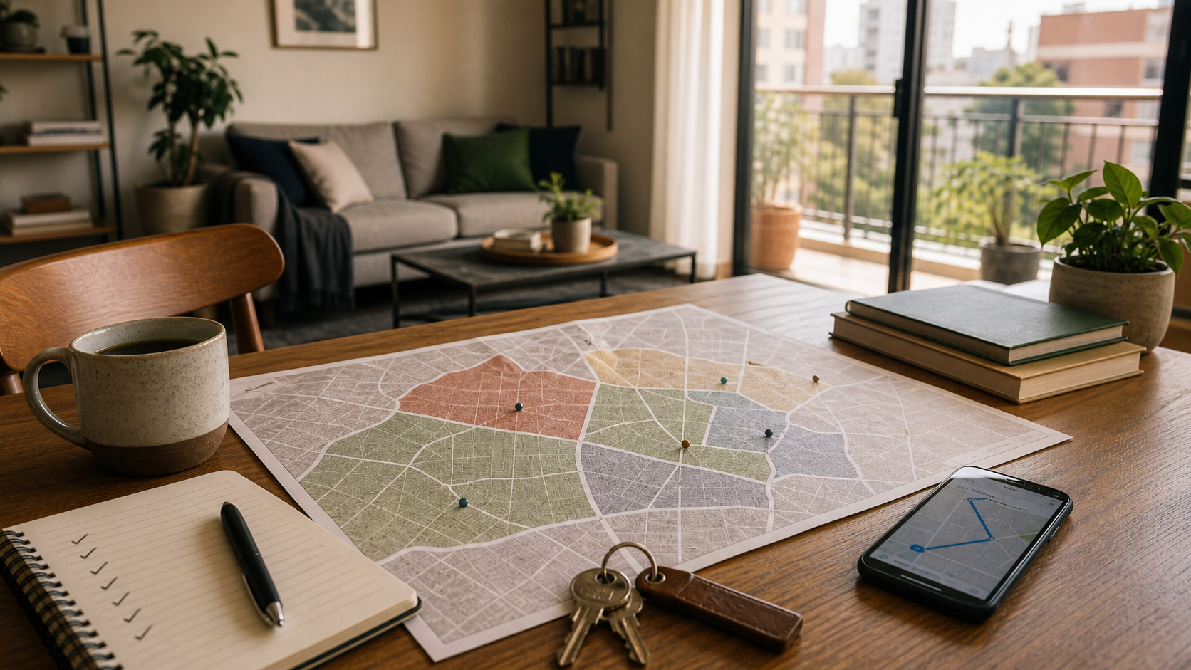 Neighborhood comparison map in a furnished Mexico City apartment showing route planning for a hospital-adjacent monthly stay.
