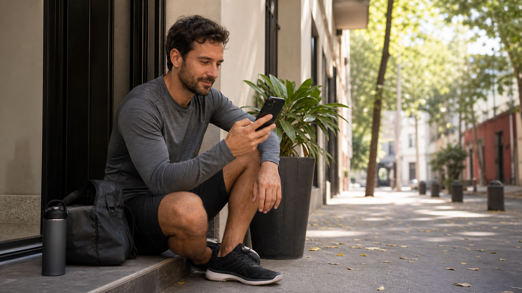 Remote worker in Mexico City checks air quality and weather on a phone with water and walking shoes before choosing an easy workout.