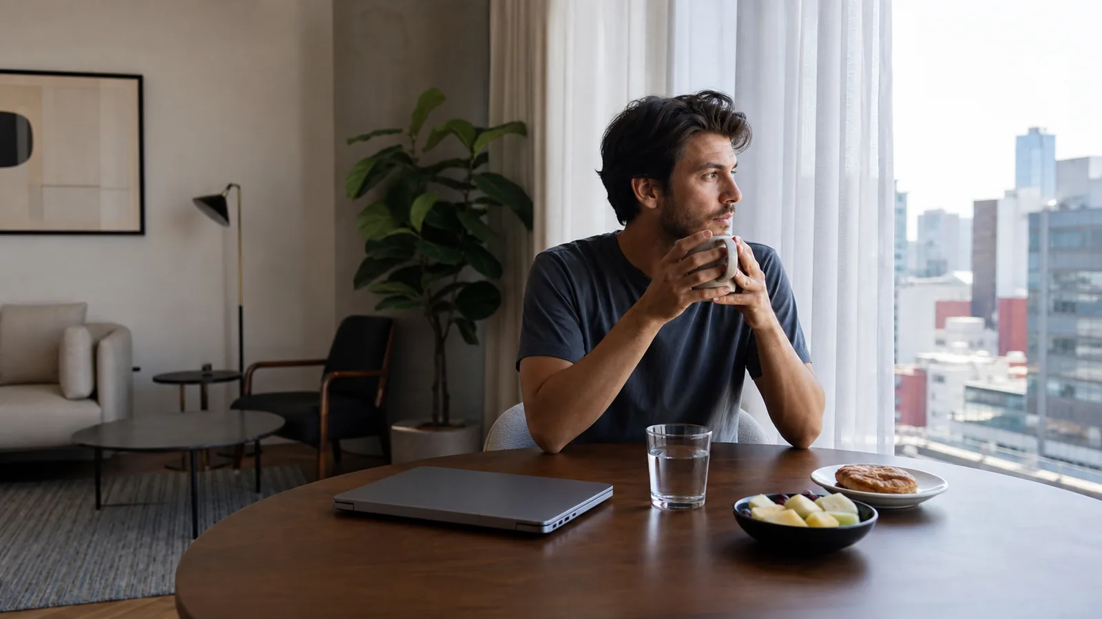 Remote worker takes a slow first morning with water and breakfast in a furnished Mexico City apartment while adjusting to the cityβs altitude.