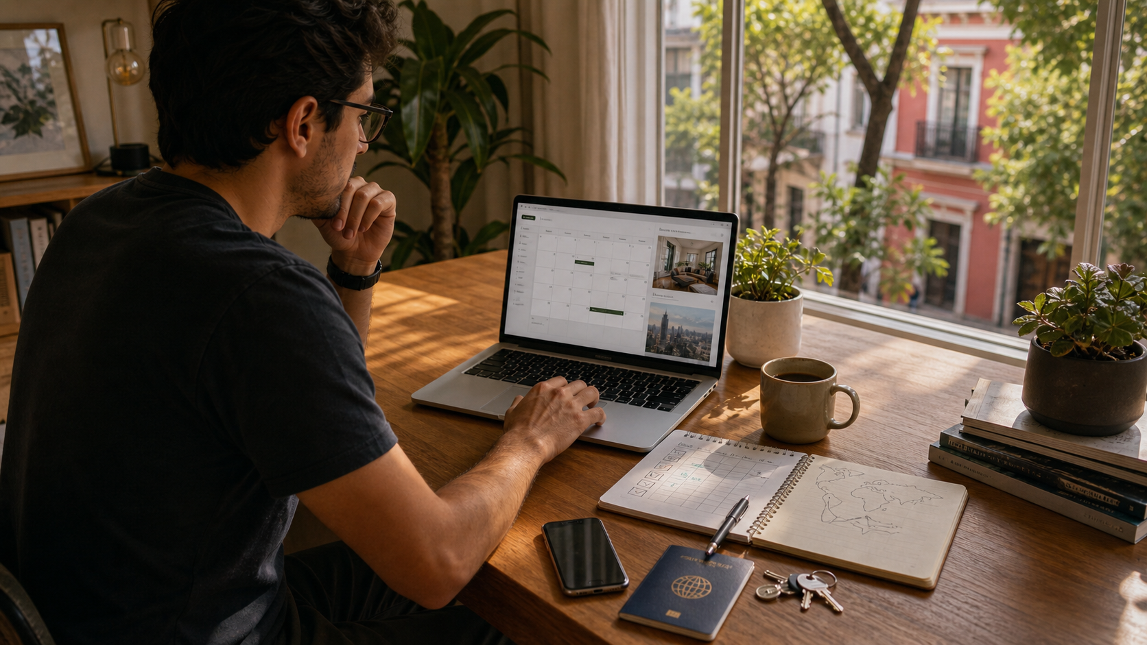 Remote worker reviewing a final apartment booking decision after comparing CDMX and Buenos Aires.