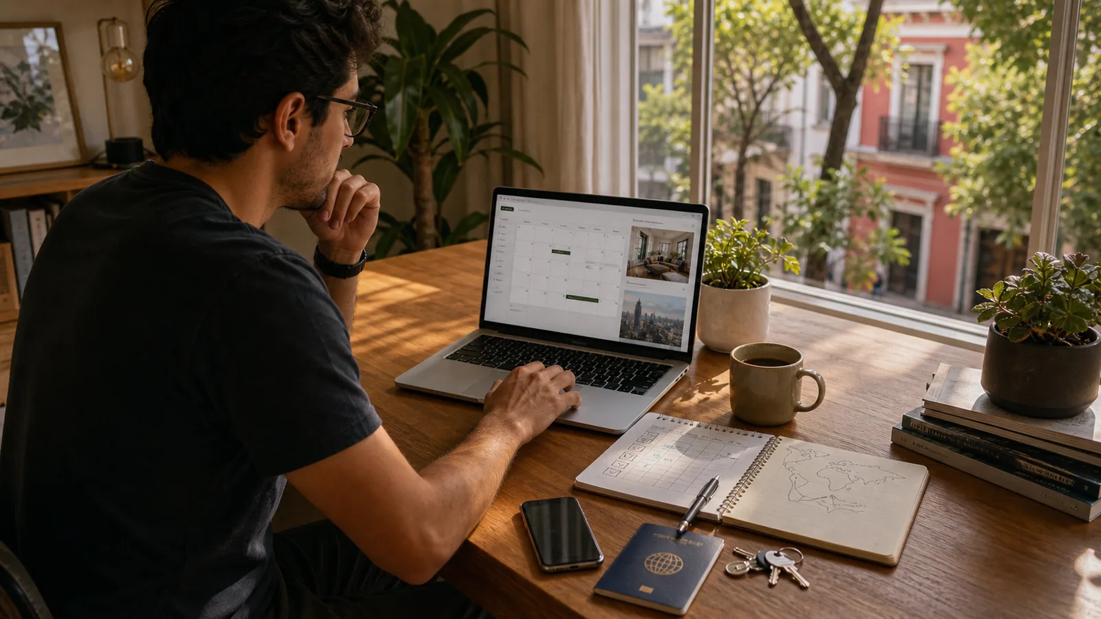 Remote worker reviewing a final apartment booking decision after comparing CDMX and Buenos Aires.