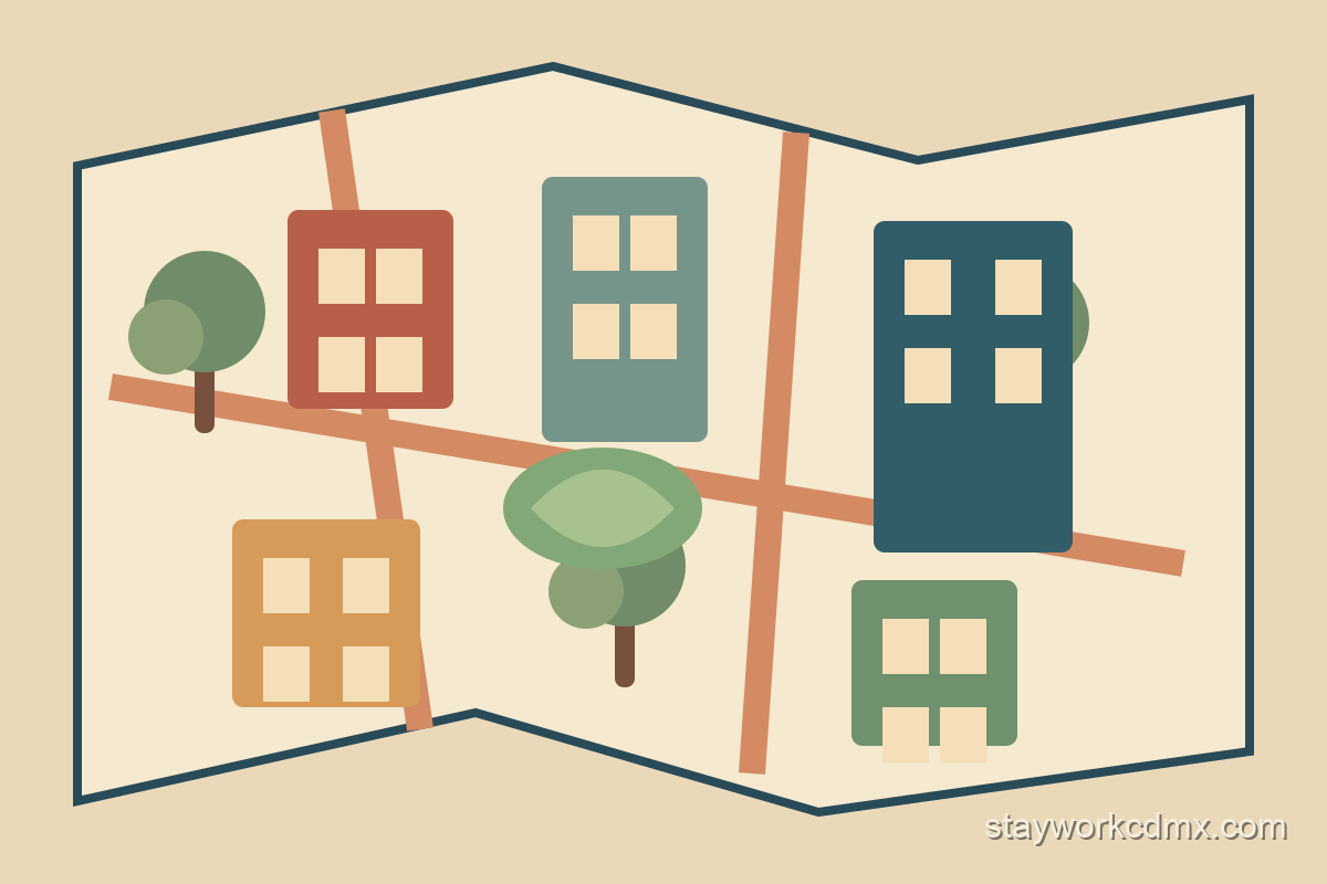 Illustrated comparison of Roma Norte, Condesa, Narvarte, Polanco, Juárez, Escandón, Coyoacán and Del Valle by housing, work amenities, green space and transit.