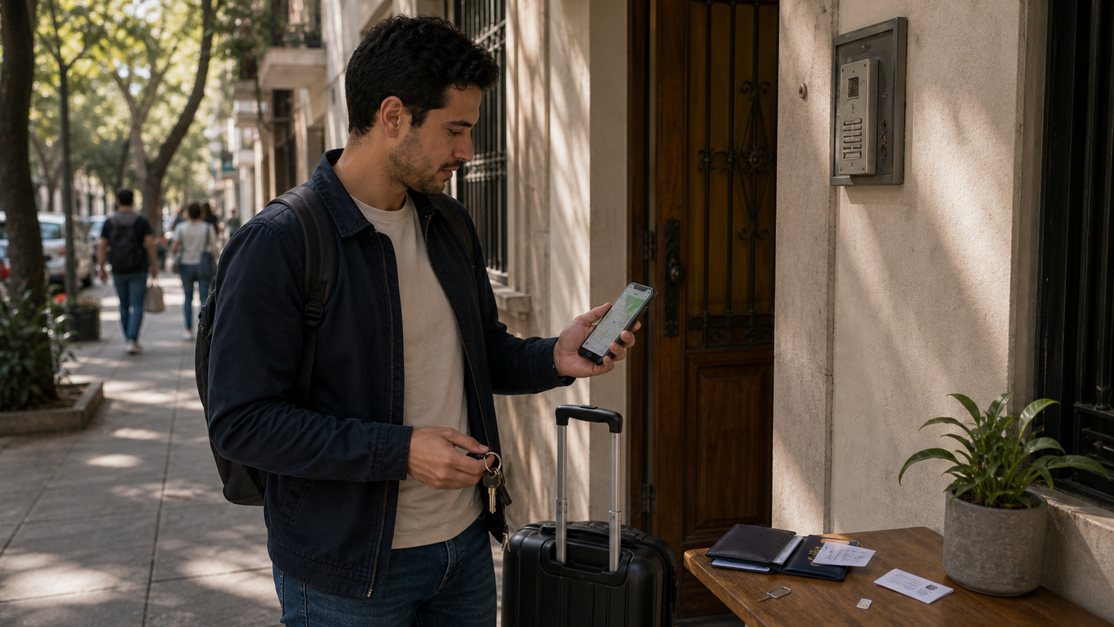 Trabajador remoto configurando el teléfono al llegar a Ciudad de México con mapa, llaves del apartamento y rutina del primer día.