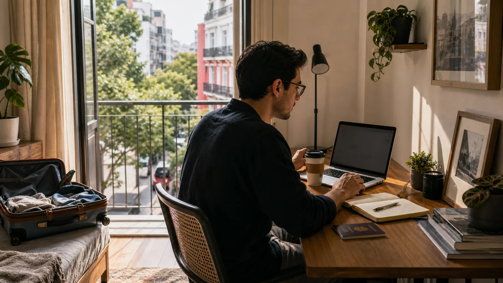 Remote worker in a Mexico City apartment comparing CDMX and Lisbon before making a final monthly-stay decision.