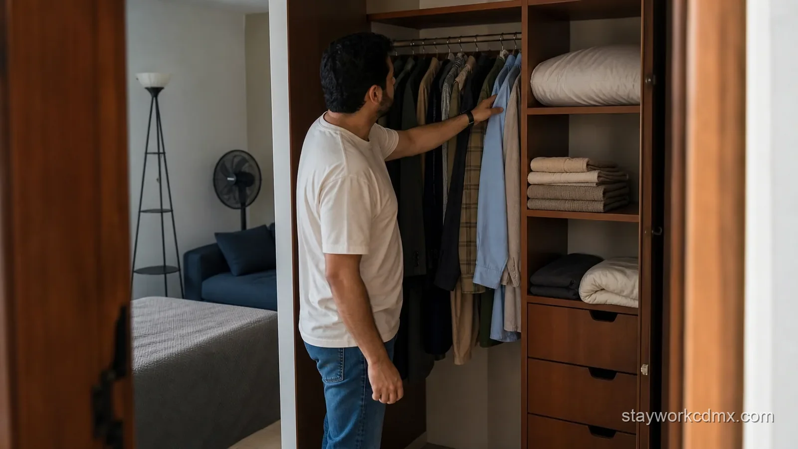 Persona revisando clóset, ropa de cama y mobiliario esencial incluidos en un departamento amueblado de renta mensual en Ciudad de México.