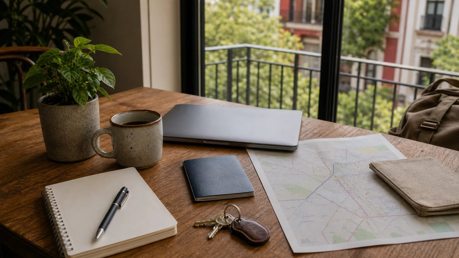 A Mexico City monthly-stay planning table with apartment keys, notebook, and a closed laptop for a US-client remote worker.