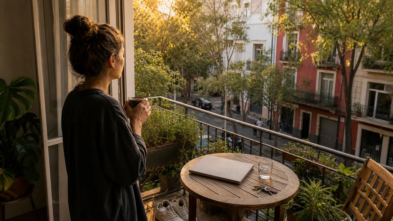 A remote worker finishes the CDMX workday with daylight left because US-client calls stayed inside normal hours.