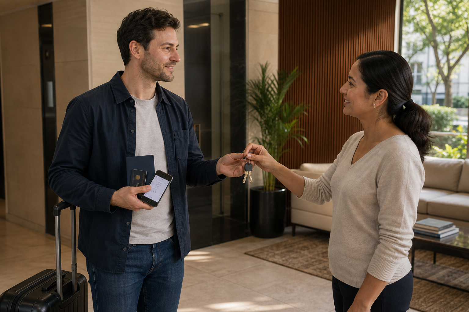 Visitante haciendo check-in en una estancia mensual amueblada en CDMX con pasaporte, pago y reserva, sin necesitar CURP o RFC para una renta corta.
