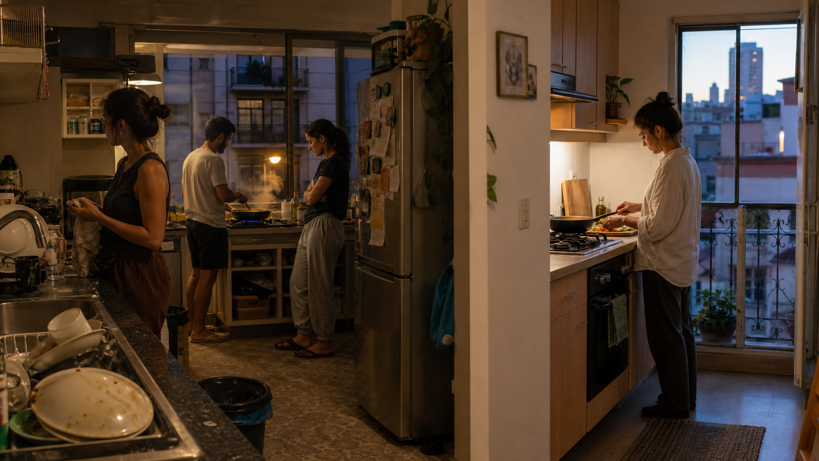 Cocina compartida con trastes acumulados comparada con una rutina tranquila en la cocina privada de un departamento amueblado en CDMX.