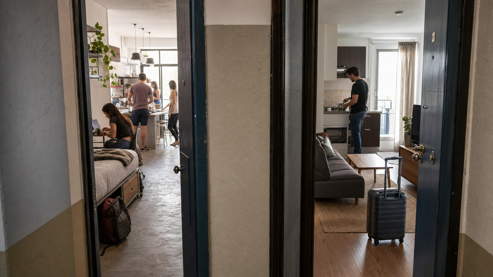 Shared coliving room and kitchen contrasted with a private furnished apartment for a 30-night Mexico City stay.