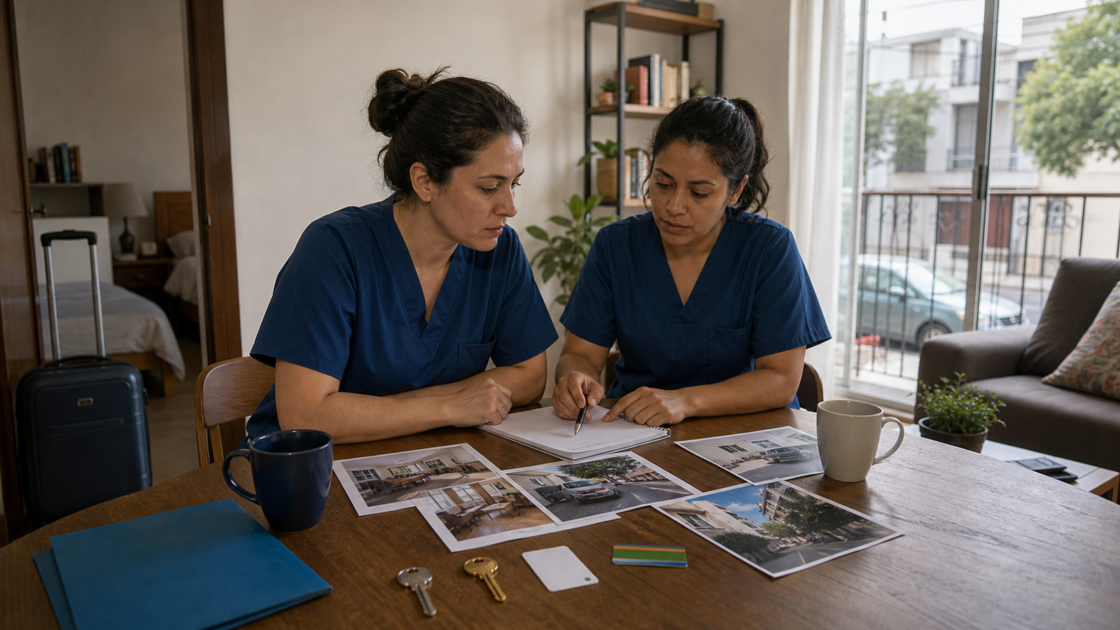 Nursing staff comparing monthly housing options in a furnished Narvarte apartment near Mexico City hospitals.