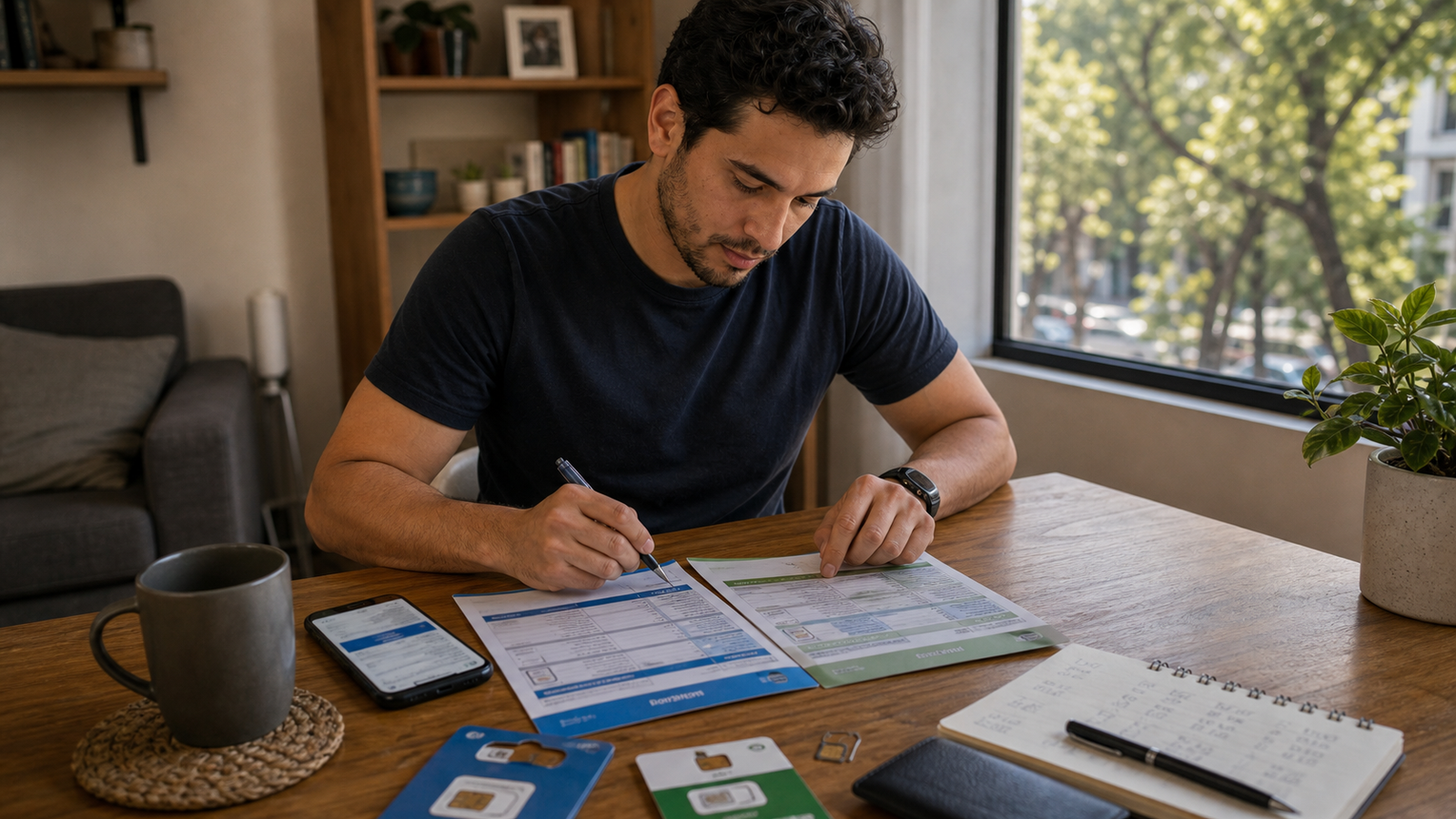 Remote worker in Mexico City comparing prepaid package validity, rollover terms, and backup-line costs before choosing a mobile data plan.