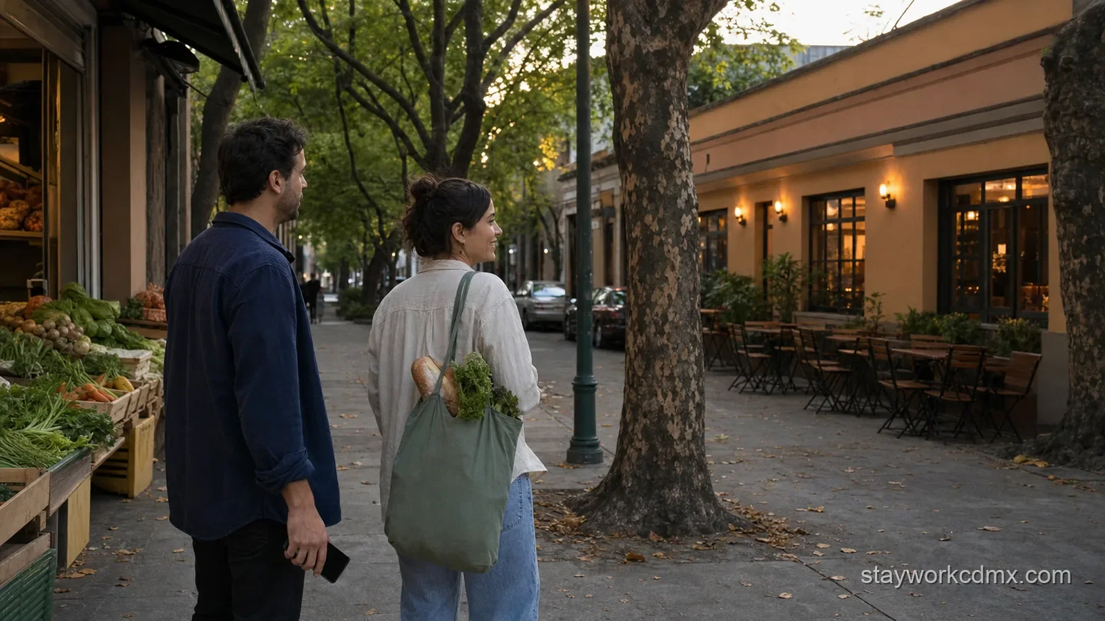 Two travelers leave a Condesa neighborhood market with fresh ingredients, then pause on a leafy side street to confirm one relaxed dinner plan.