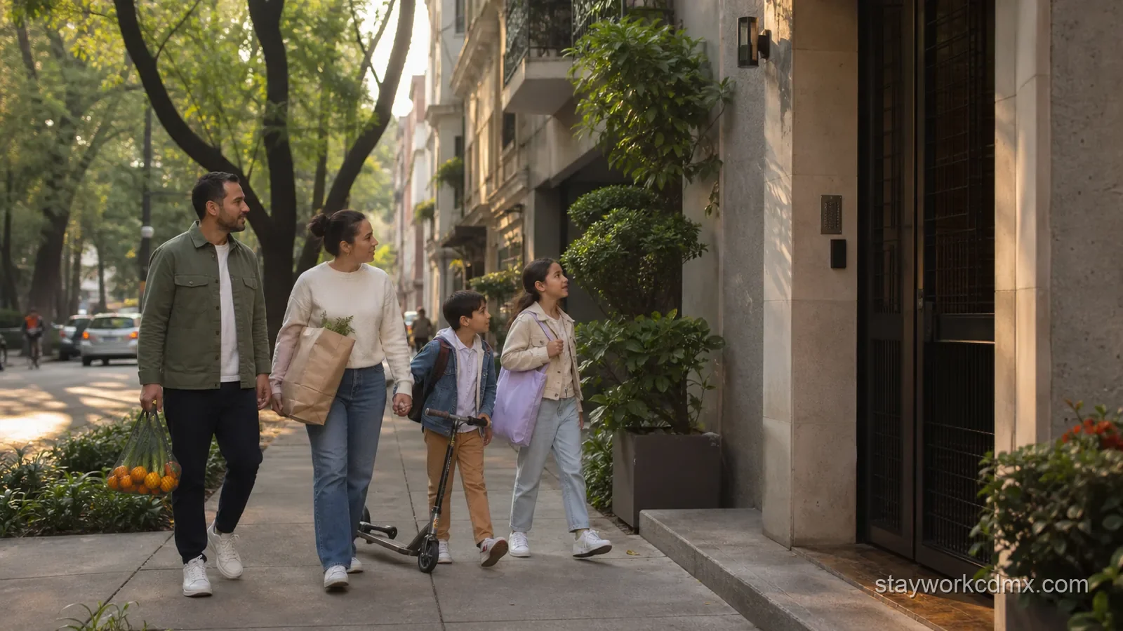 Family walking from a leafy Mexico City park with groceries and a child’s scooter toward a secure apartment entrance in Condesa.