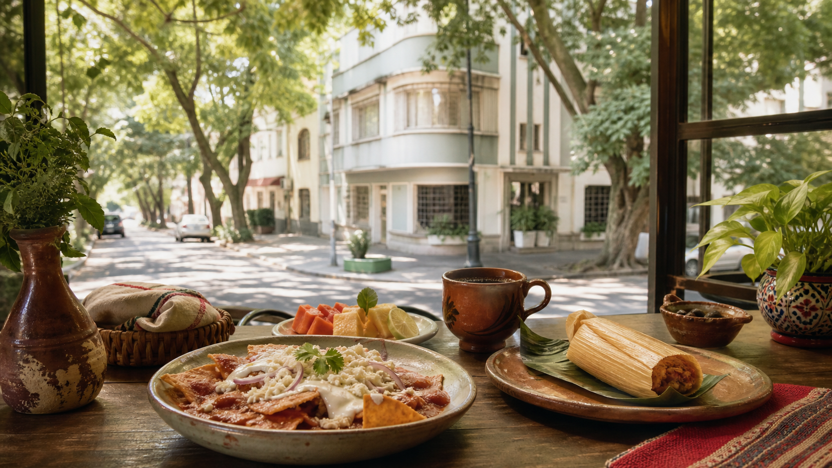 Chilaquiles, tamal, fruit and coffee on a leafy Condesa breakfast table
