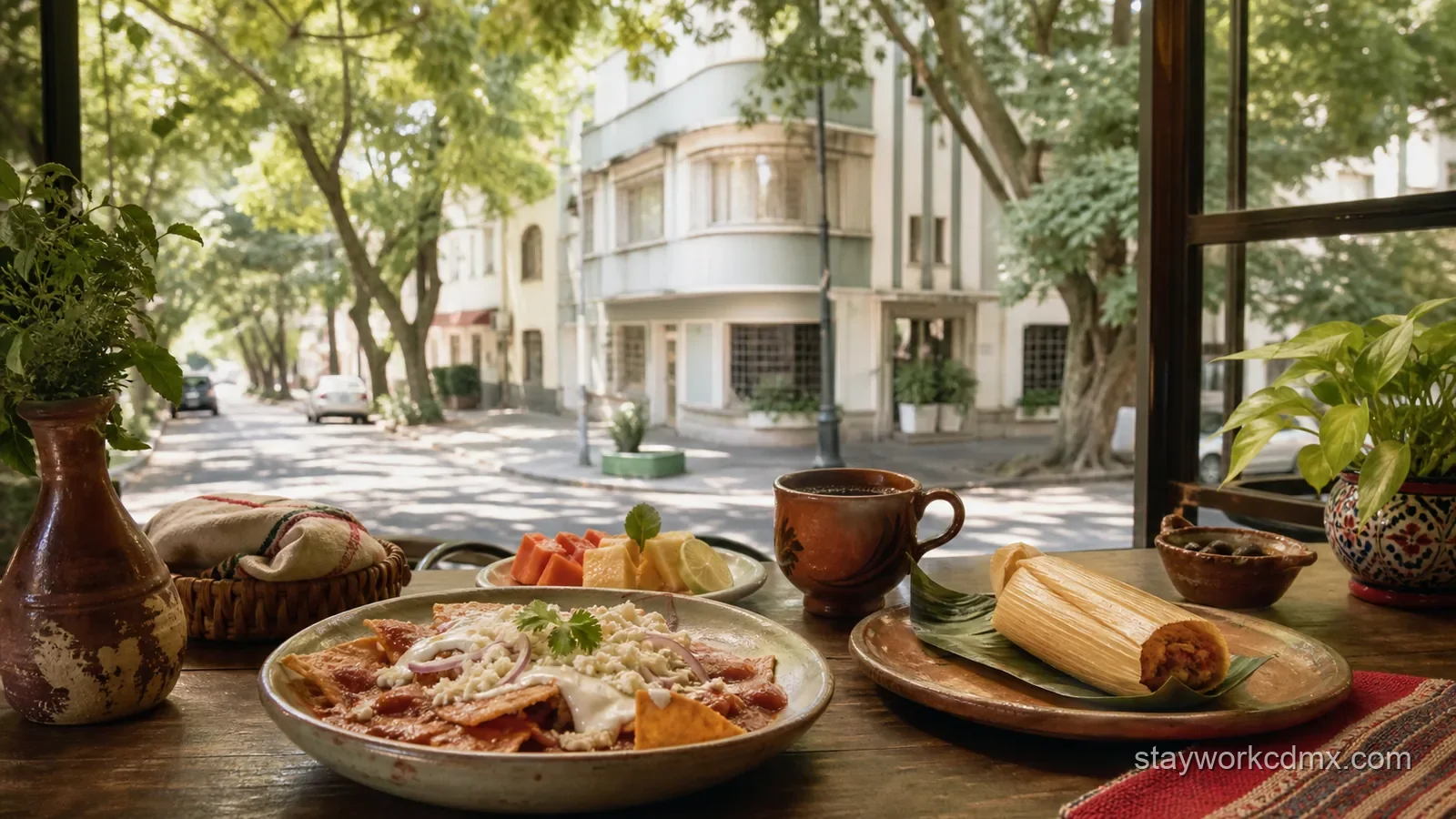 Chilaquiles, tamal, fruit and coffee on a leafy Condesa breakfast table