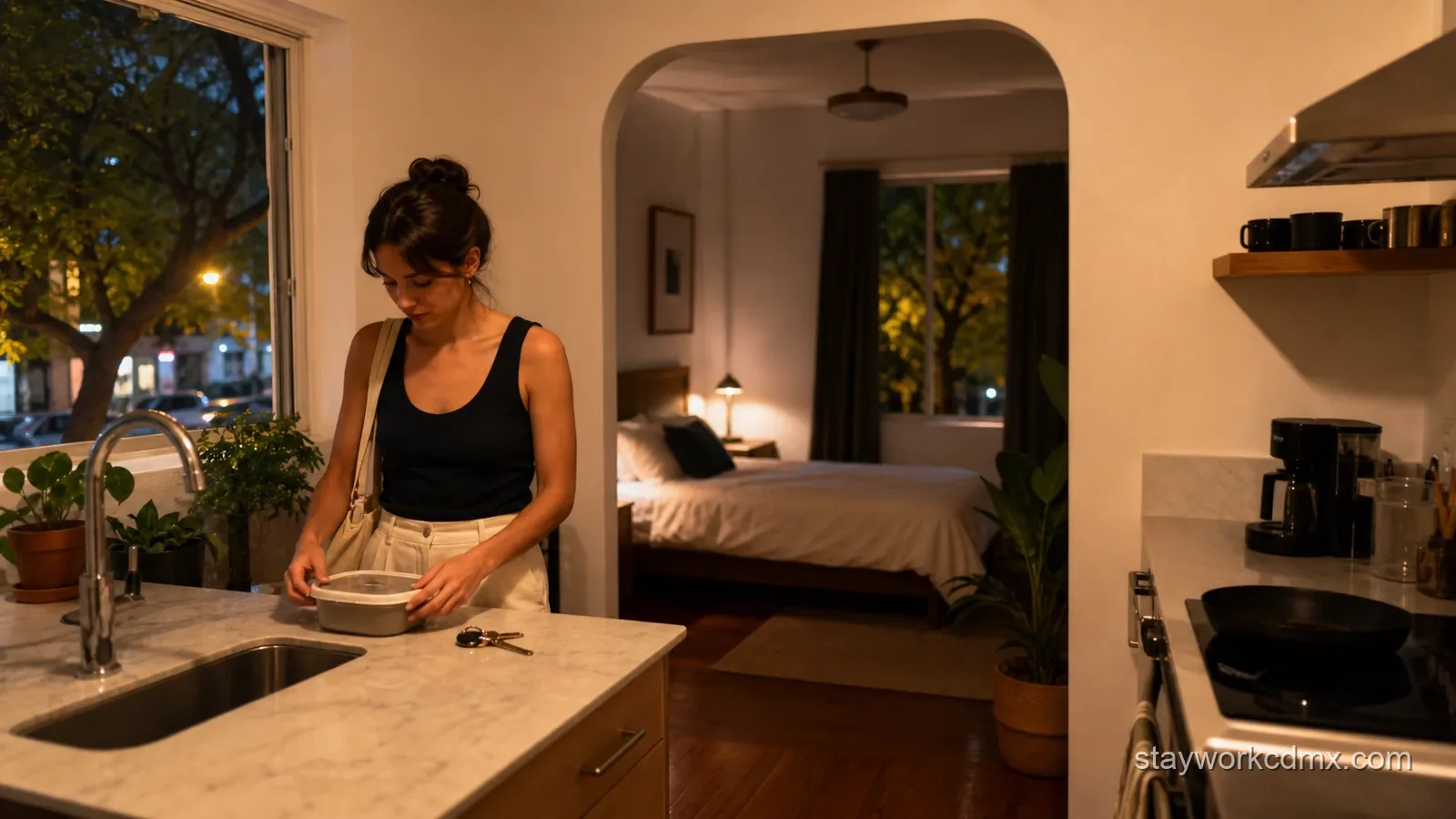 Traveler reviewing a quiet Condesa apartment with a functional kitchen after returning from dinner on a leafy evening street.
