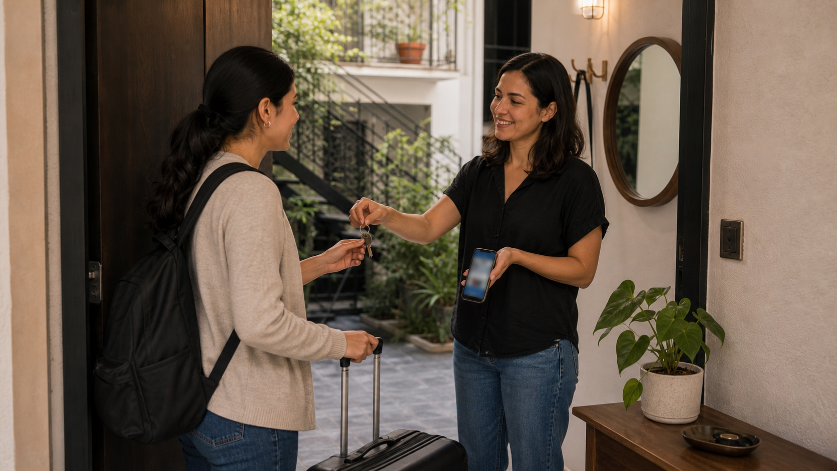 Host hands keys to a guest moving into a furnished Condesa apartment after confirming monthly stay terms