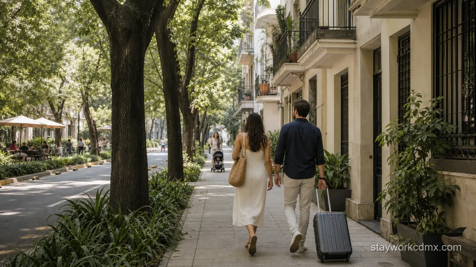 Couple walking beside Condesa’s leafy residential streets and Art Deco apartments near a calm central park in Mexico City.