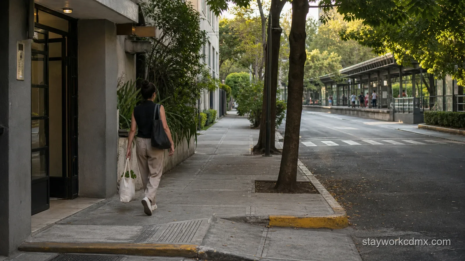 A monthly Condesa resident walks the calm final block between a residential apartment entrance and a nearby transit corridor with work bag and groceries.