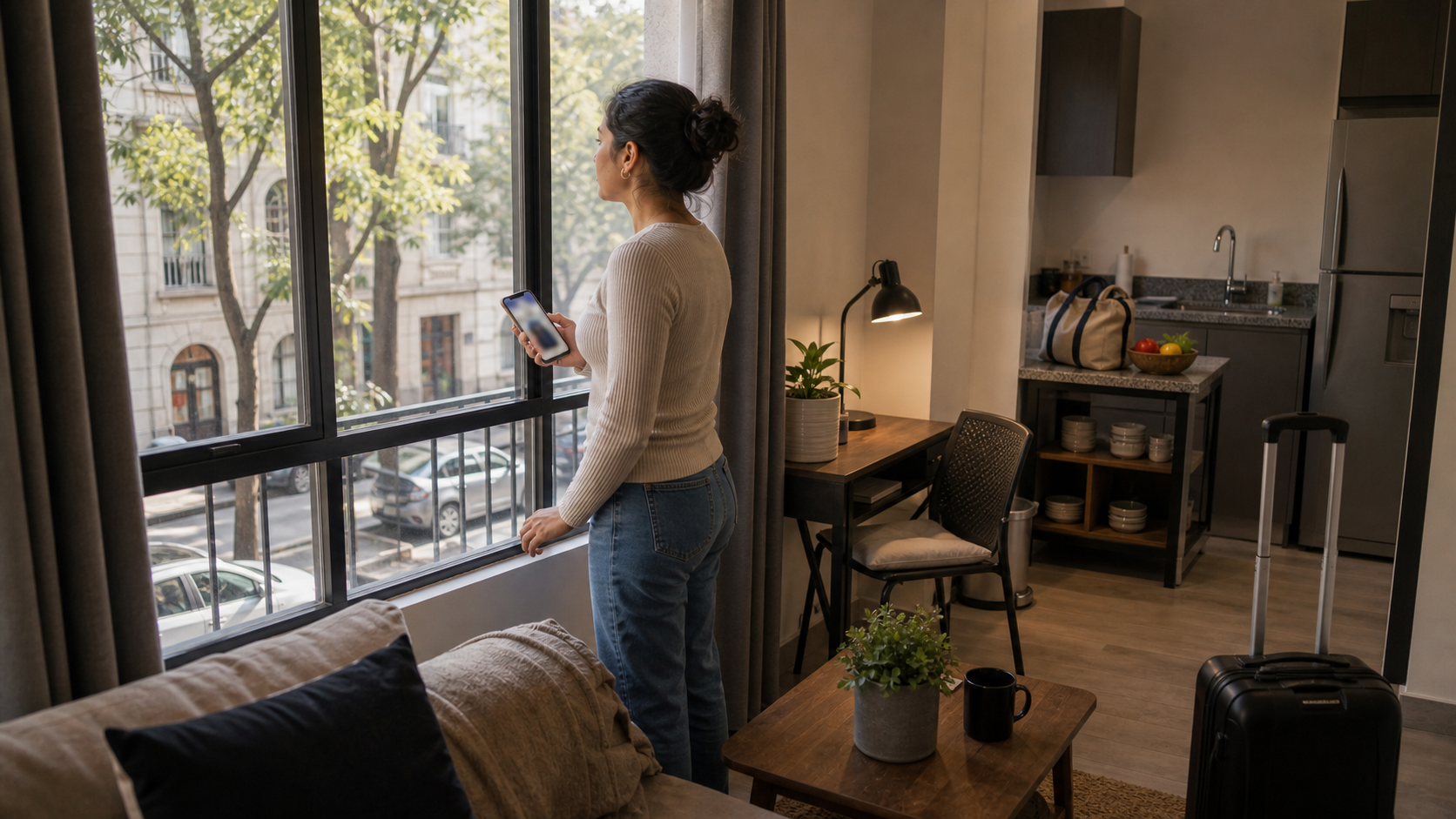 Guest checks noise and workspace fit in a furnished Condesa apartment before booking a monthly stay