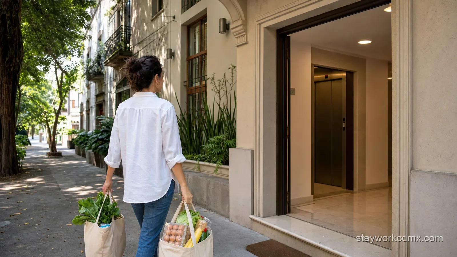 Resident returning to a Condesa apartment with fresh produce and household staples for a long Mexico City stay.