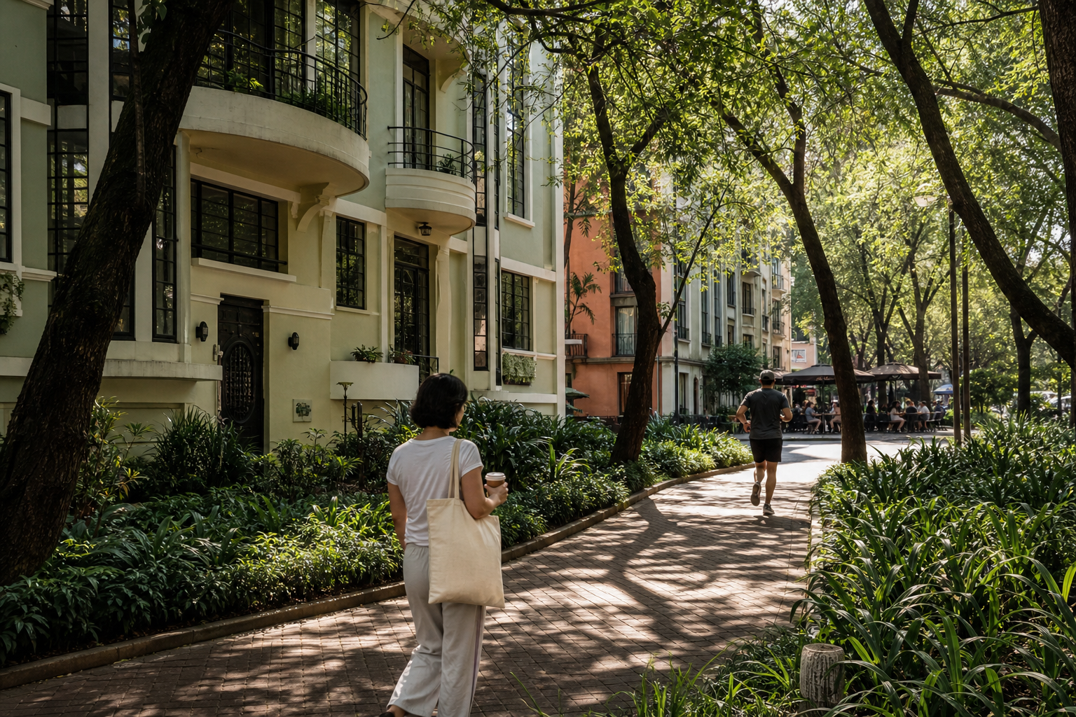 A Condesa park loop with a runner and café terrace