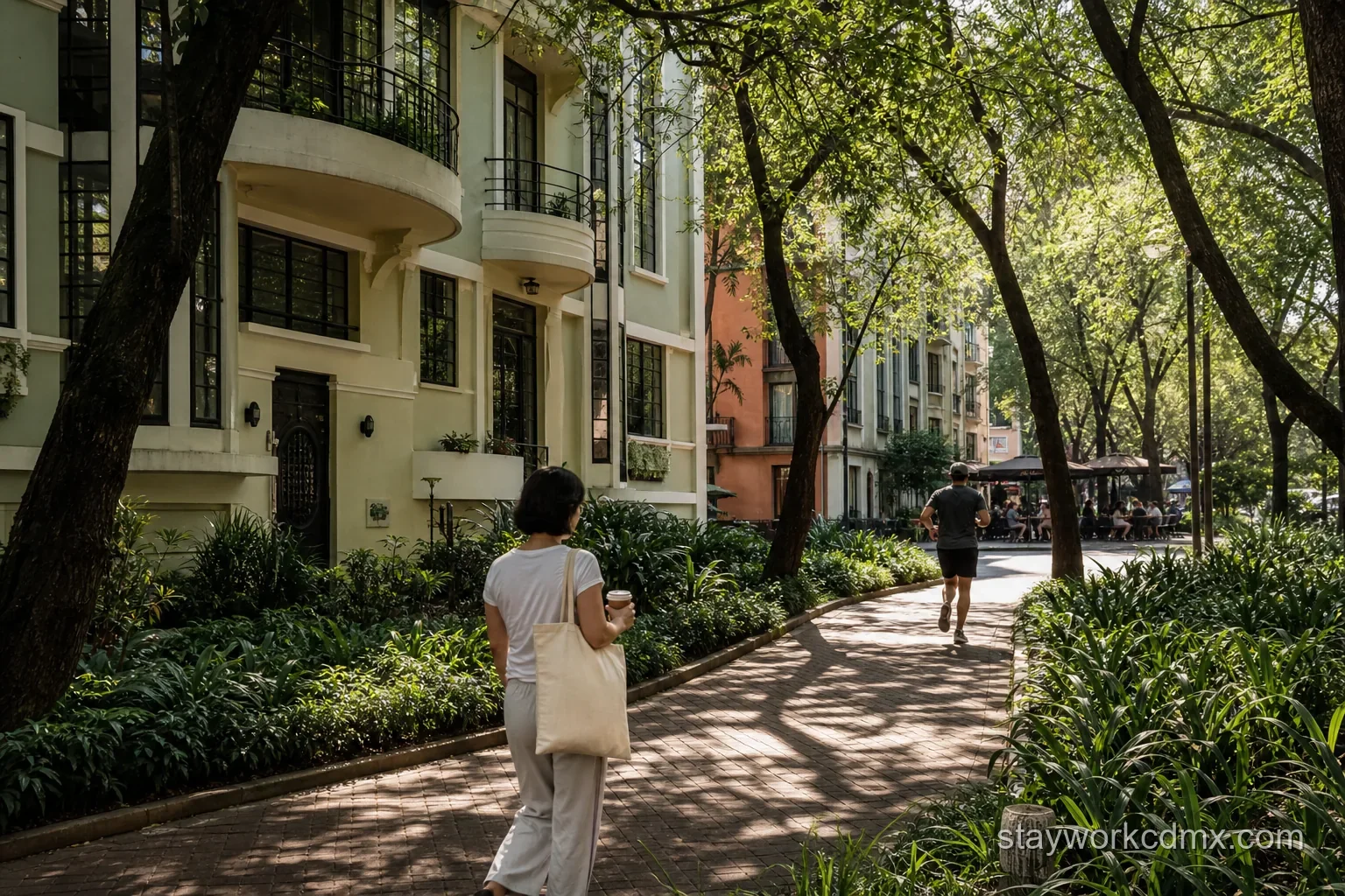 A Condesa park loop with a runner and café terrace