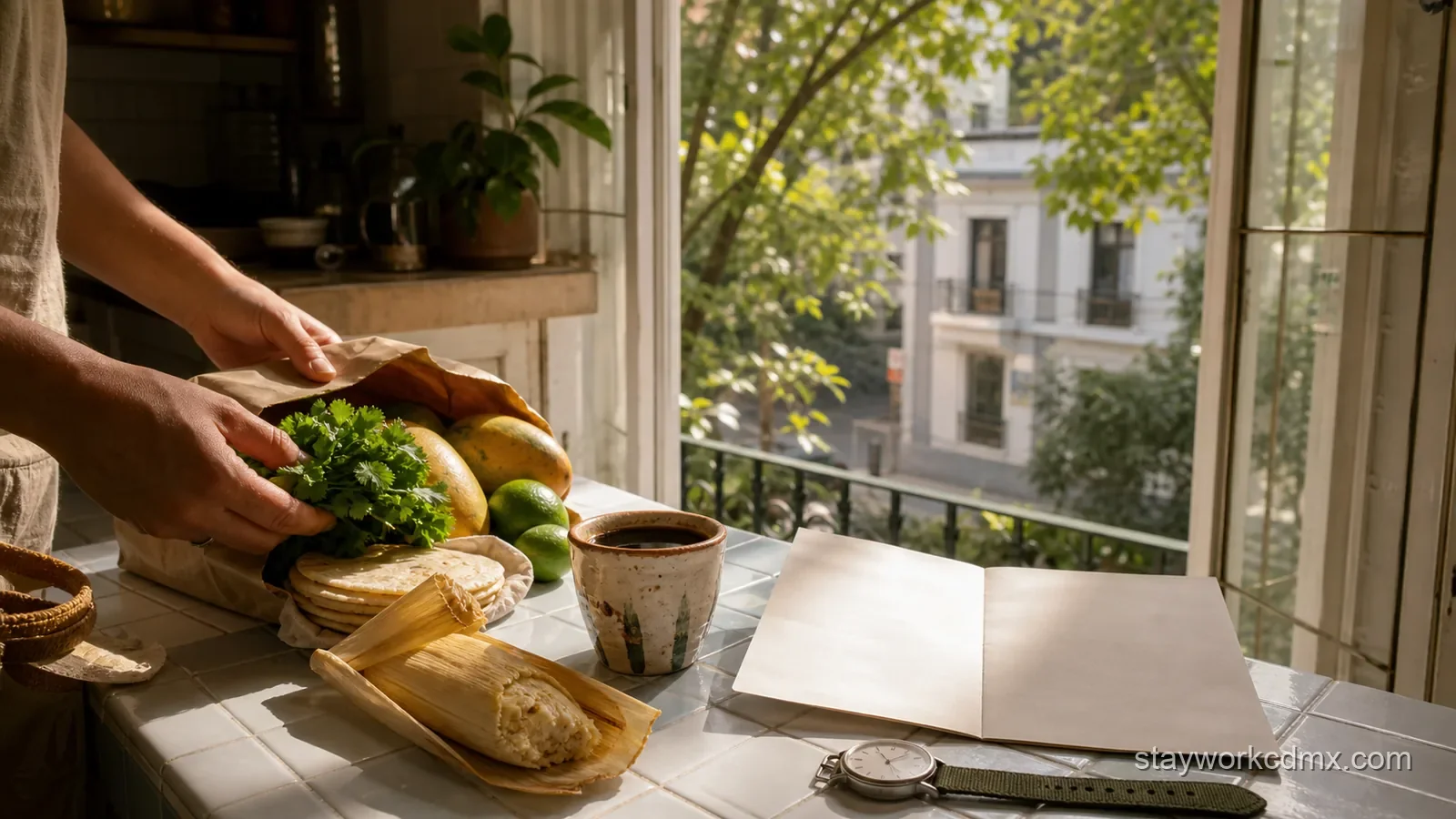 Fresh market fruit, a clay coffee cup and a folded neighborhood map on a sunlit Condesa apartment counter before a morning food walk.