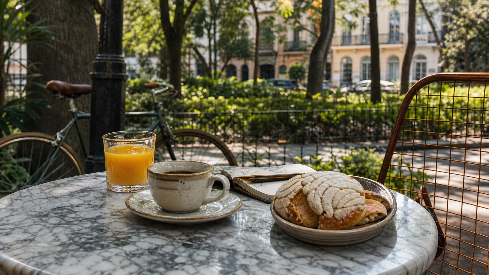 Coffee, juice and pan dulce at a leafy Condesa park table