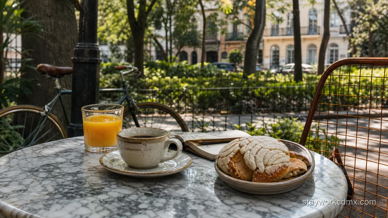 Coffee, juice and pan dulce at a leafy Condesa park table