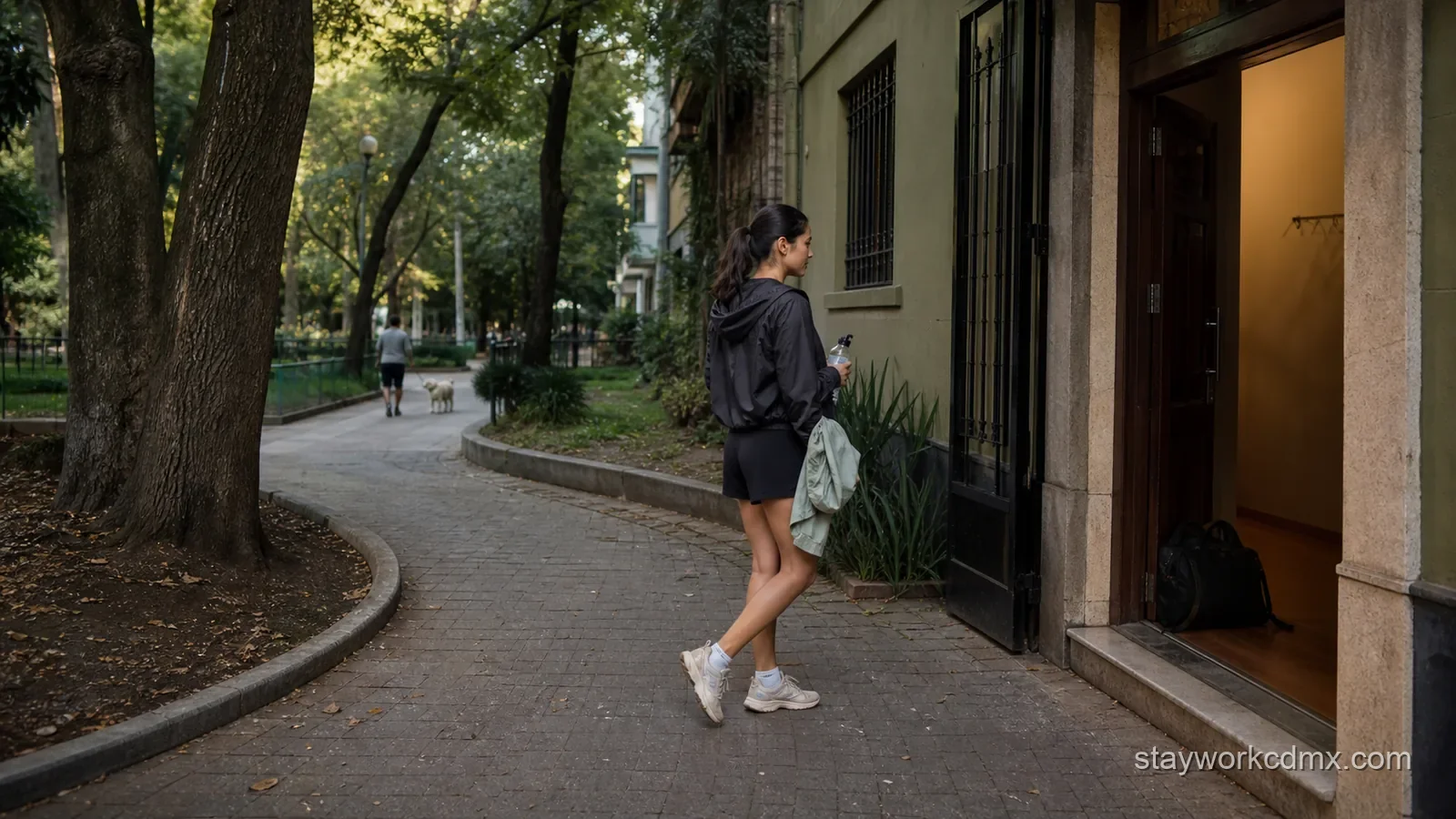 Remote worker returning from an early-morning Parque México exercise loop to a Condesa apartment for a 30-night workday.