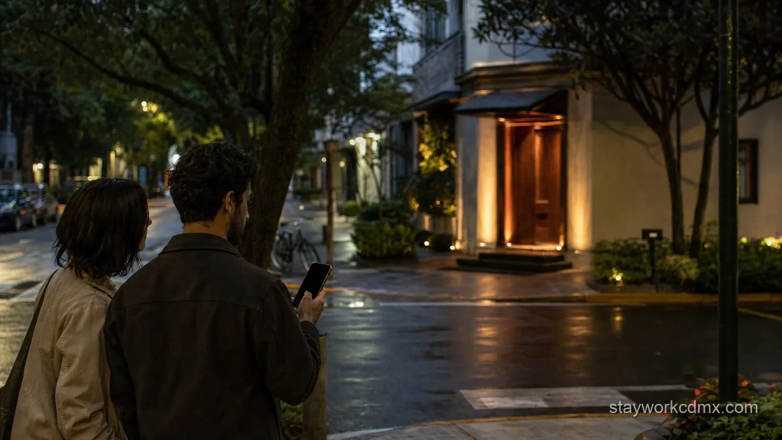 Traveler checks a dinner reservation before walking a leafy Condesa street toward an evening meal.