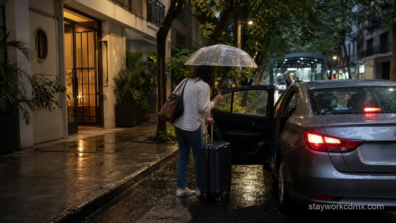 Long-stay resident using a curbside car pickup with luggage during rain near a Condesa apartment after a transit journey.