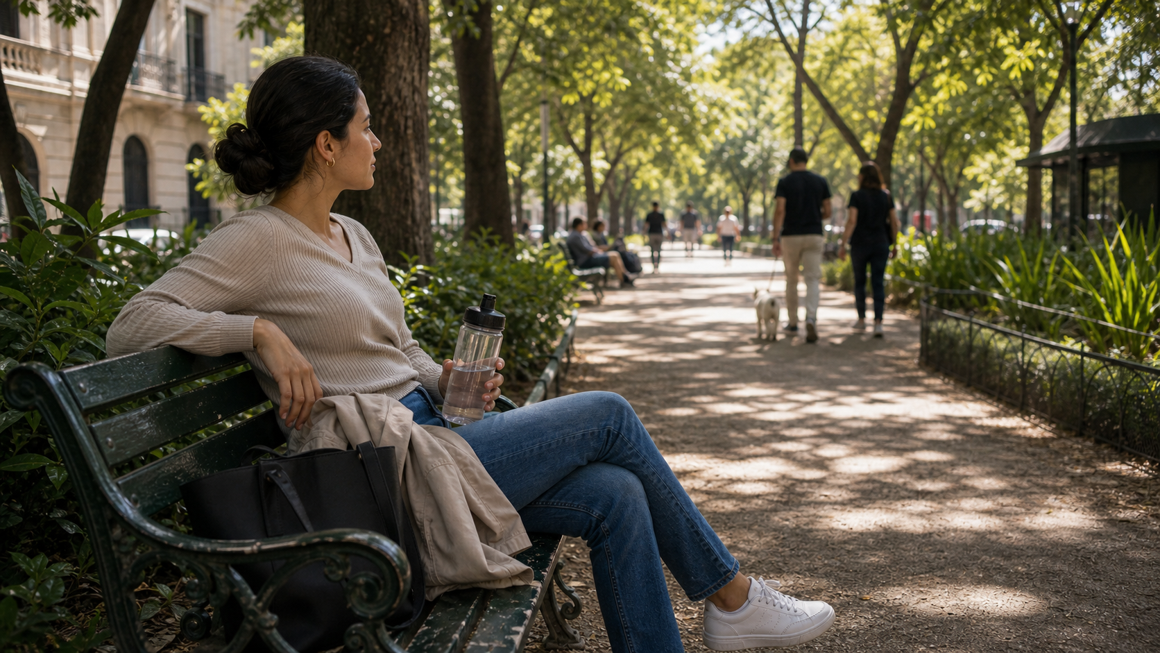 Remote worker takes a midday park break in Condesa between apartment work blocks