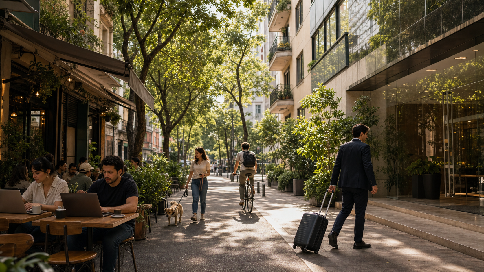 Editorial street-level comparison of Roma Norte cafe work culture, Condesa park routines, and Polanco business convenience for choosing where to stay in Mexico City.