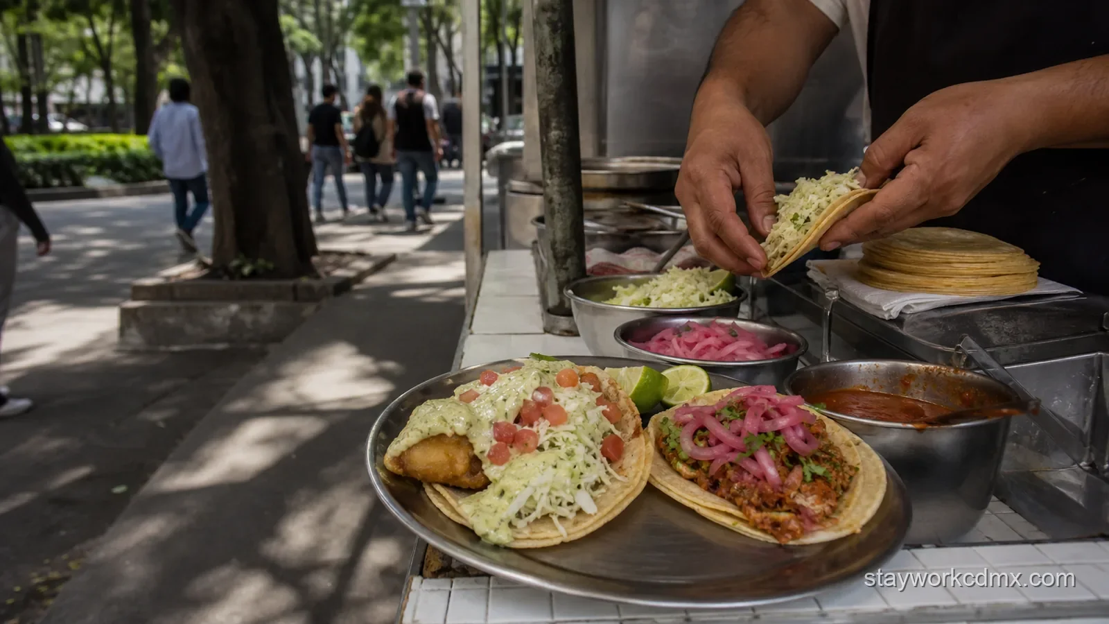 Fish tacos and guisado tacos at a leafy Condesa sidewalk counter