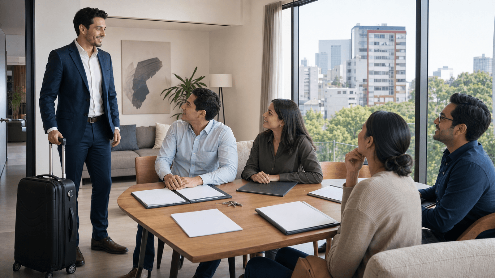 Equipo de recursos humanos, viajes, compras y finanzas coordina una estancia amueblada en Ciudad de México para un huésped corporativo en asignación.