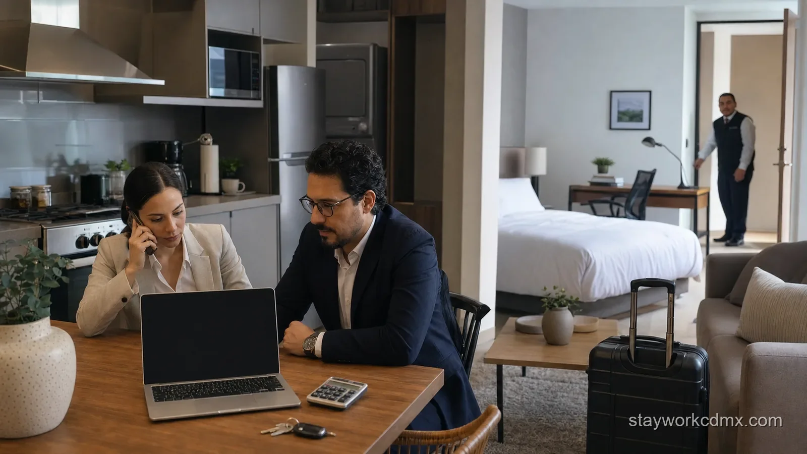 Business traveler and procurement lead reviewing a furnished Mexico City corporate apartment’s living space, services, and support arrangement.