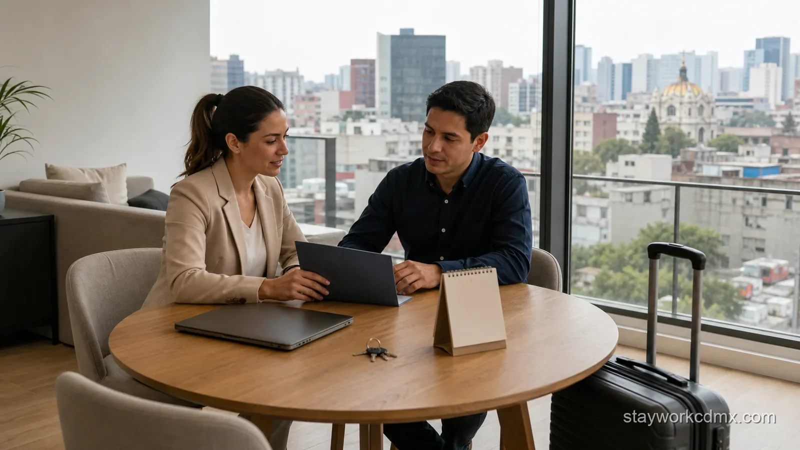 Corporate housing coordinator reviews an apartment arrival plan and invoice approval details with a relocating employee.