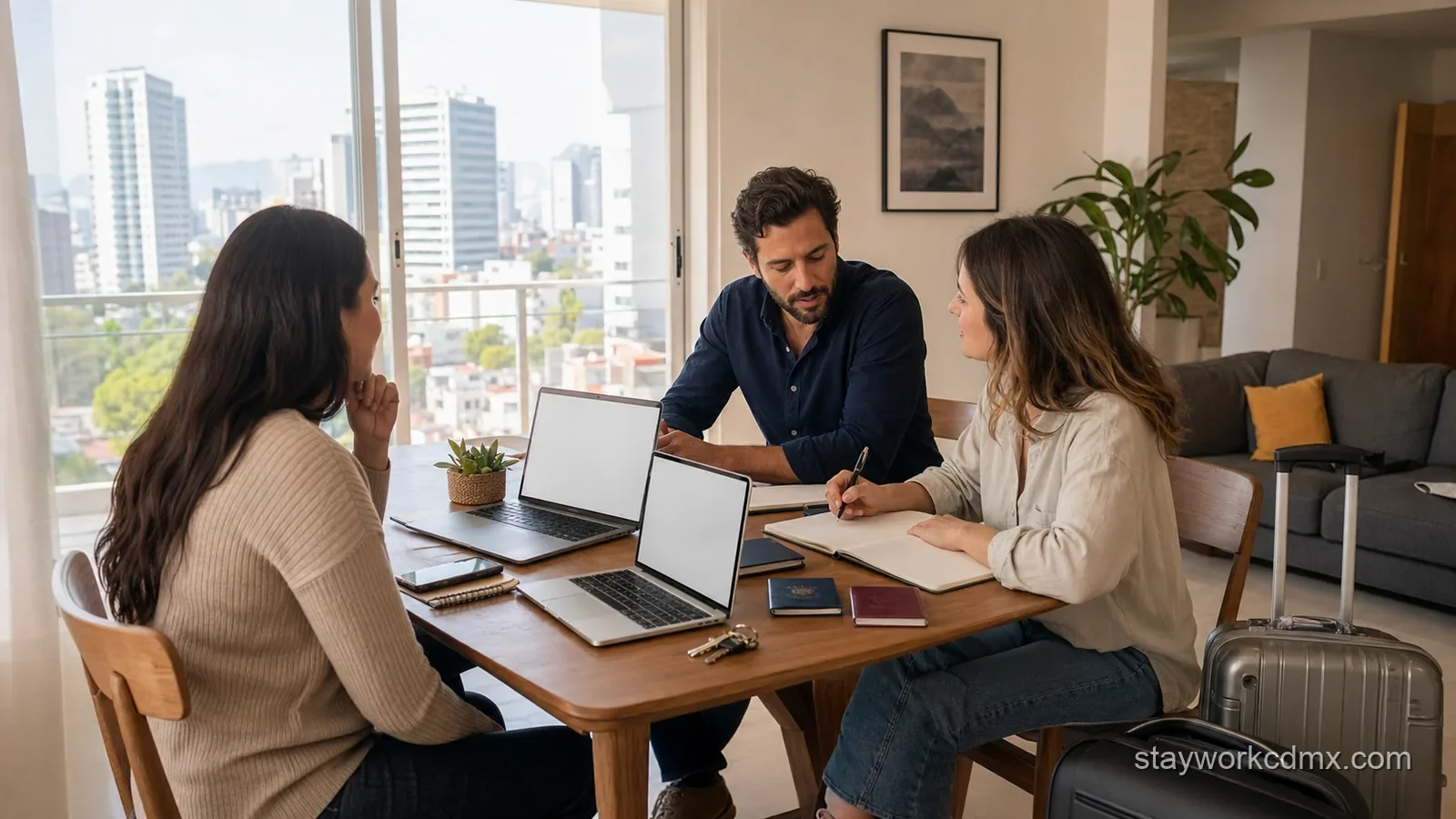Relocation team reviewing arrival plans in a furnished Mexico City apartment before choosing corporate housing.