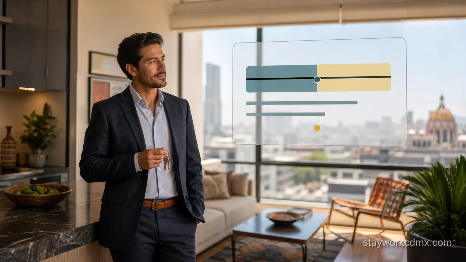 A corporate guest in a furnished Mexico City apartment reviews a visual payment timeline for a stay spanning two billing periods.