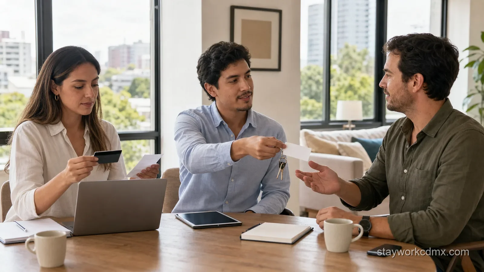 Corporate housing coordinator, finance reviewer, and relocating guest aligning payment records and support handoff in a furnished Mexico City apartment.