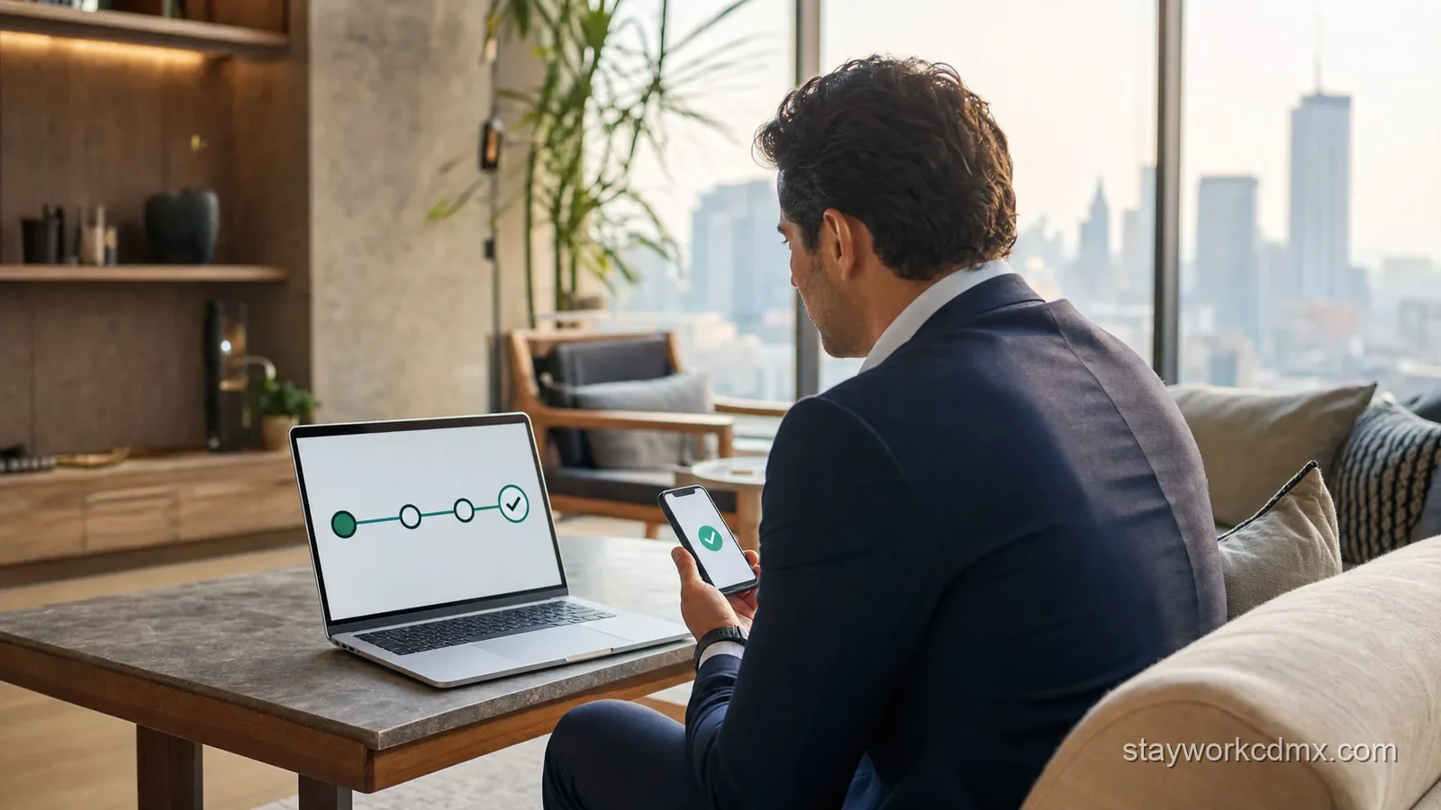 A corporate traveler reconciles staged accommodation payments on a laptop in a furnished Mexico City apartment.