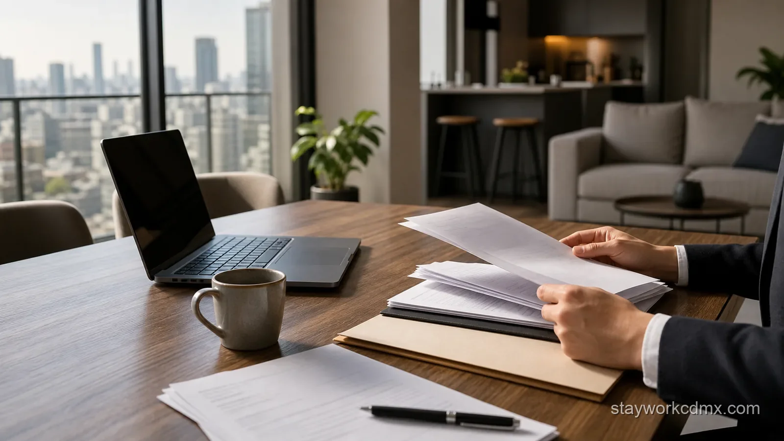 A corporate housing procurement review with invoice, CFDI, and written terms documents in a furnished Mexico City apartment.
