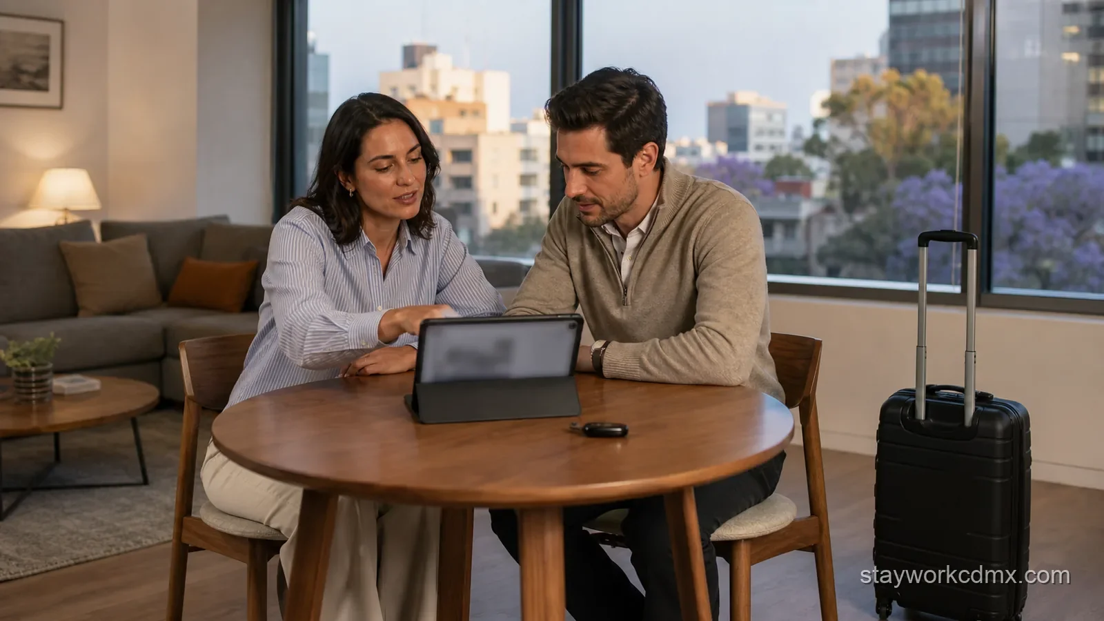 Corporate travel coordinator and relocating employee review one shared furnished-apartment booking on a tablet in a Mexico City living room.