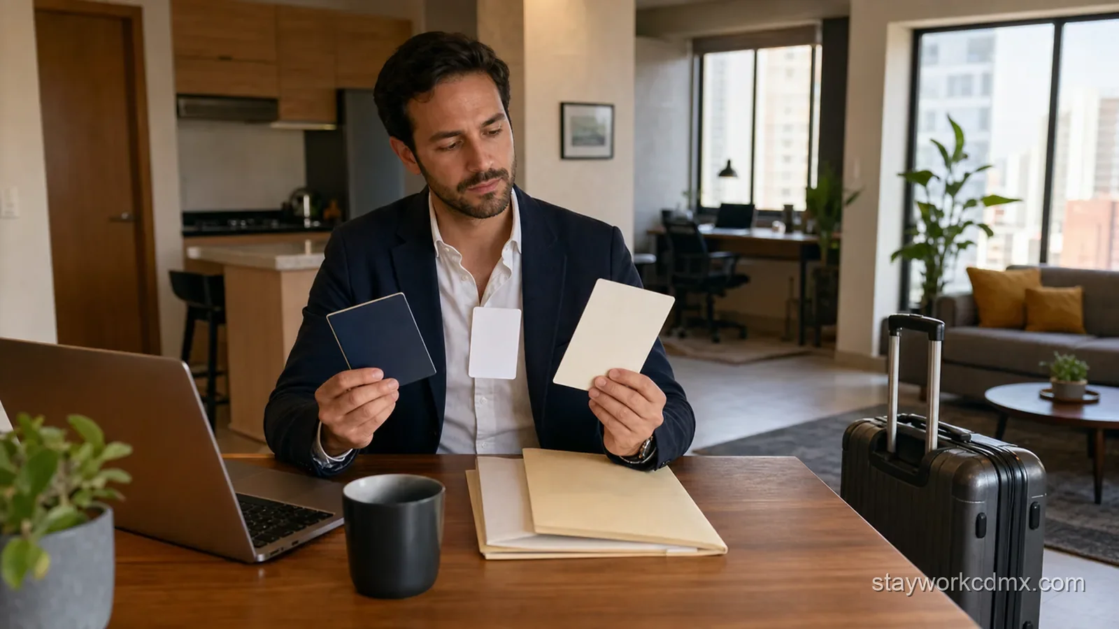 A business traveler compares corporate housing, hotel, and monthly apartment options inside a furnished Mexico City apartment.